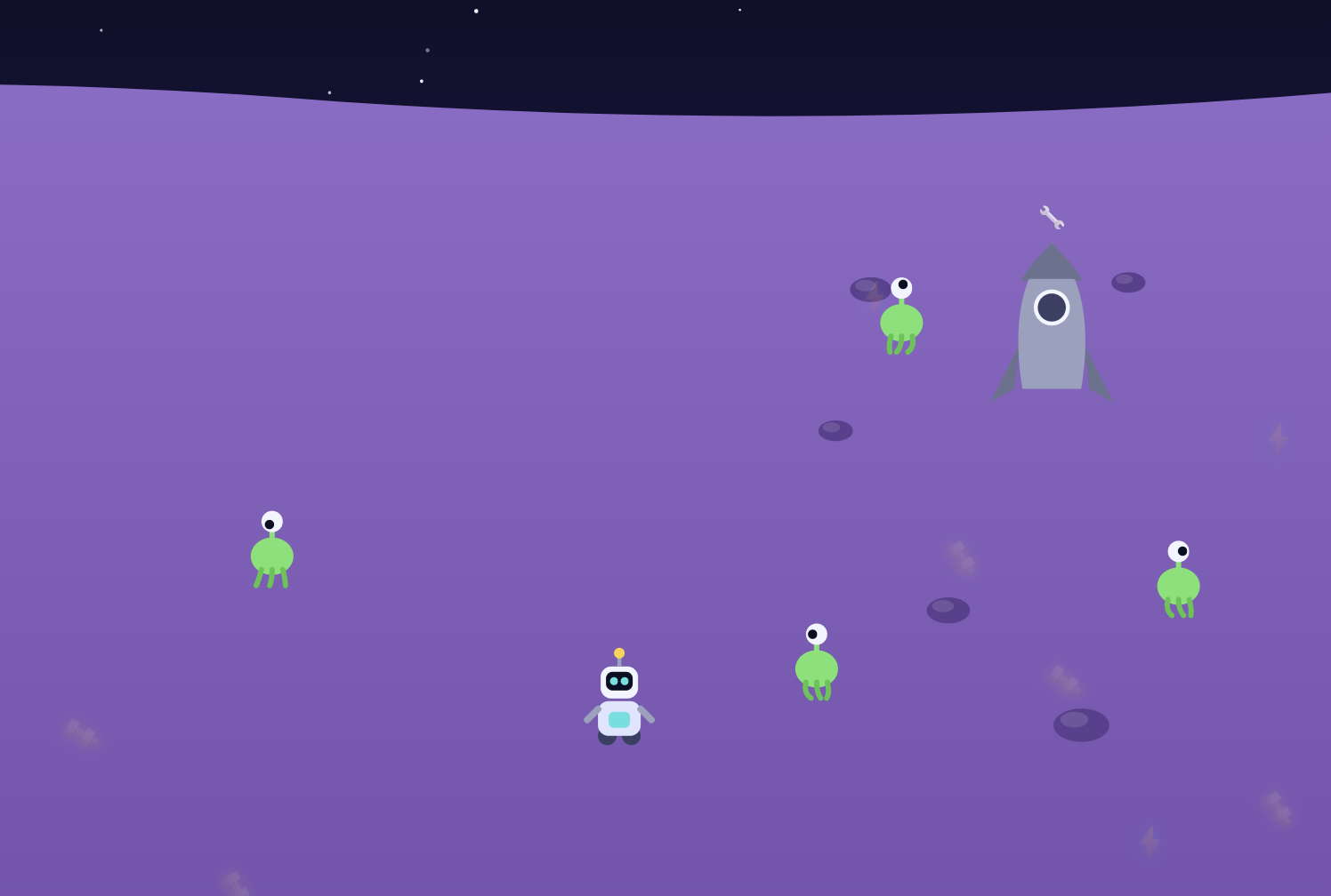 Robo de Robot op een paarse planeet met groene aliens, onderdelen en een raket